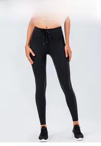 Front view of high waist yoga pants featuring adjustable drawstring and slim fit design