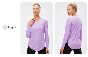 Detail view of purple UV protection yoga top showing curved hem and breathable fabric