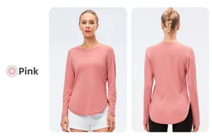 Detail of pink long-sleeve sun protection top showing side slits and breathable fabric
