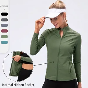 Women Slim Fit Yoga Jacket Long Sleeve Stand Collar Zipper Sportswear Nylon High Elastic Fitness Gym Running Top With Internal Hidden Pocket