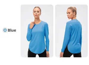 Detail of blue UPF50+ yoga shirt featuring side slits and curved hem for breathability