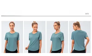 Détails du t-shirt de yoga ample pour femme avec manches raglan et ourlet arrondi vert canard