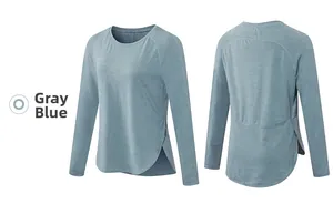 Vues avant et arrière d'un t-shirt de sport respirant bleu gris avec fente latérale