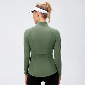 Women's olive green yoga jacket with stand collar and back hidden pocket for running