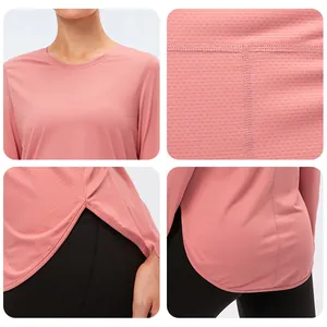 UPF50+ women yoga top in coral pink featuring breathable mesh fabric and side slit hem
