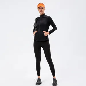 Women's black zip-up sports jacket and leggings set for yoga, running, and outdoor fitness