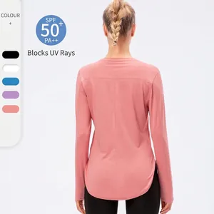 Women's Sun Protection Long Sleeve Yoga T-Shirt UPF 50+ Breathable Athletic Top Side Slit Curved Hem Gym Running Shirt