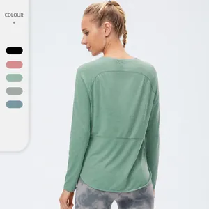 T-Shirt de Yoga à Manches Longues pour Femmes Ample Séchage Rapide Respirant Top de Fitness Avec Fente Latérale Ourlet Arrondi