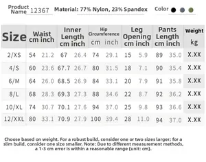 Detailed sizing chart and material guide for nylon spandex high waist yoga leggings