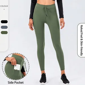 Women High Waist Yoga Pants With Drawstring Double Sided Brushed Naked Feel Leggings Side Pockets Tummy Control Fitness Pants