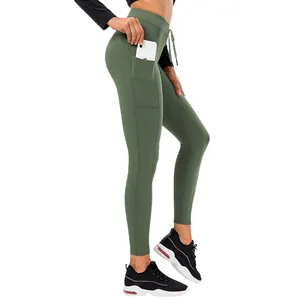 Army green high-waist yoga pants with drawstring and side pocket for smartphone