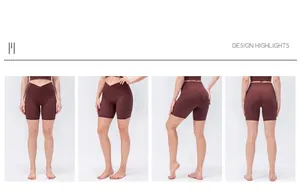 Dettaglio degli shorts da yoga a vita alta con fascia a V incrociata e tasche laterali