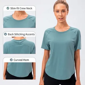 T-shirt de yoga bleu sarcelle avec col rond, détails surpiqués et ourlet arrondi pour femme