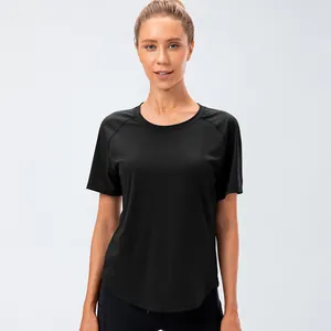 T-shirt de yoga noir pour femme, coupe ample, séchage rapide et ourlet arrondi chic