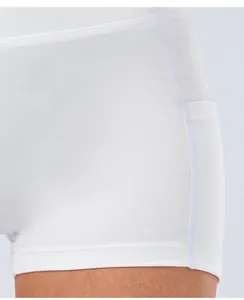 Detail of high-waisted yoga shorts with side pocket and flatlock stitching on white fabric