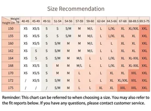 Size chart for yoga vest with height and weight recommendations from XS to XXL