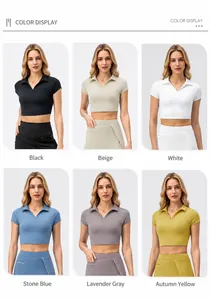 Color options for cropped sports top: black, white, blue, grey, and yellow views
