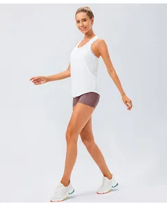 Close-up of high-waisted purple yoga shorts paired with a white sleeveless gym top