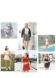 Collage of women's tennis skirt sets showing various colors and outdoor sports scenarios