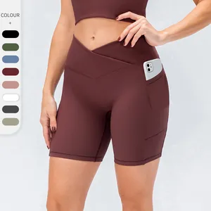 Pantaloncini da Yoga Donna a Vita Alta Incrociata Con Tasche Laterali a Costine Sport Fitness Corsa Nylon Elastan