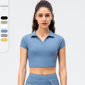 Polo Deportivo para Mujer Ajustado de Nailon Manga Corta Yoga Crop Top Color Sólido Transpirable Fitness Gimnasio Correr