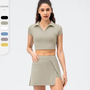 Damen Sportbekleidungs-Set Nylon Elasthan Oberteil Und Unterteil Tennis Skort V-Ausschnitt Polo Kurzarm Schlanke Passform Yoga Outfit