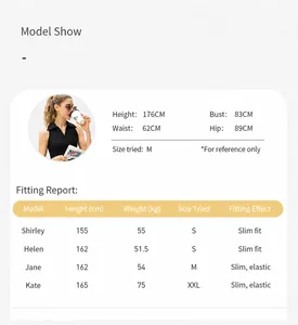 Detailed size guide table for women's yoga pants with model and staff fitting reports