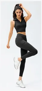 Dames yoga tanktop met polokraag en bijpassende zwarte legging met hoge taille set