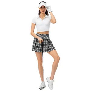 Women's plaid tennis skirt and white crop polo shirt sports outfit set for golf and running