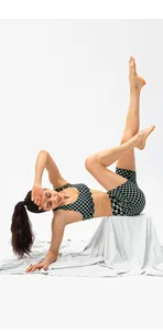 Close-up of high-waist checkered yoga shorts and sports bra for fitness