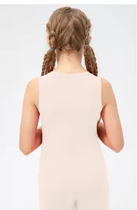Back view of light pink girls' yoga tank top showing elastic breathable fabric