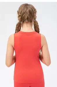 Close-up back view of kids red stretch yoga tank top with quick-dry fabric detail