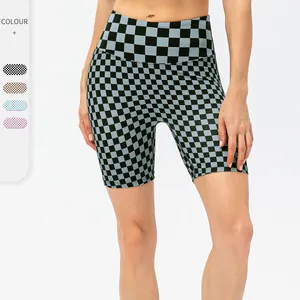 Women High Waist Checkerboard Yoga Shorts Seamless Tummy Control Biker Shorts Workout Running Gym Fitness Athletic Sports Pants