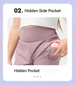 Detail of hidden side pocket on purple girls' sports shorts showing high elasticity