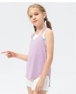 Side view of girls lavender mesh sports vest and white shorts set for summer yoga