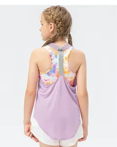 Detail of girls breathable mesh tank top and tie-dye sports bra with racerback design