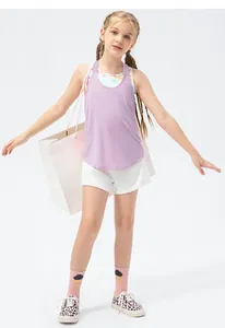 Three-piece girls activewear set with purple vest, tie-dye top and white shorts