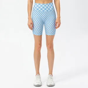 High-waisted checkered yoga shorts in light blue and white for fitness and running