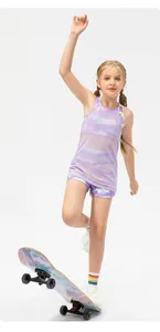 Close-up of purple camo girls sports vest with breathable mesh and matching shorts