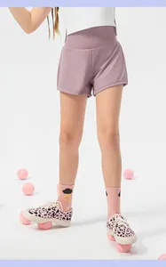 Detail of girls' breathable ice-silk athletic shorts in lavender with elastic high waistband