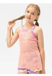Detail of girls' sports vest set with breathable mesh and vibrant colorful camouflage print
