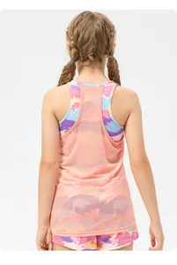 Detail view of girls' racerback sports vest with breathable mesh overlay and colorful print