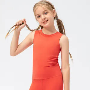 Girls bright orange-red yoga set featuring high-stretch tank top and matching leggings