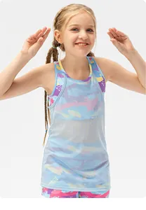 Detail of girls' breathable light blue mesh tank top with colorful abstract pattern