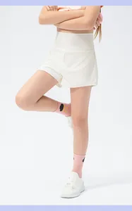 Close-up of girls' white high-waisted quick-dry athletic shorts for tennis and running
