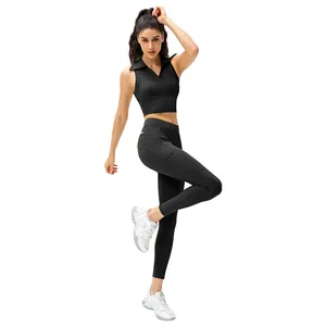 Women black high waist yoga leggings with side pockets and slim fit crop top set