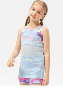 Detailed view of girls' sports tank top with blue camouflage pattern and layered mesh look
