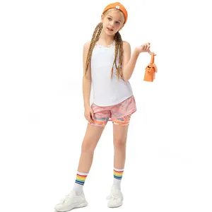 Girls' white tie-dye sports tank top and pink abstract shorts summer activewear set