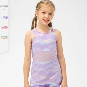 Girls Sports Tank Top Mesh Splicing Fake Two-Piece Graffiti Printed Breathable Quick Dry Yoga Dance Training Workout Vest