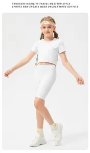 Detail of girls' white high-elastic sports two-piece set for yoga and dance training